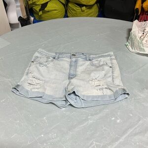 Light Wash Distressed Denim Shorts - Casual Rolled Hem